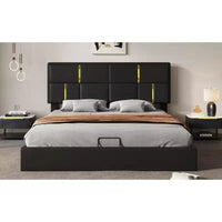 Lit plateforme capitonné en similicuir (PU) Queen Size avec système de rangement hydraulique, sommier en bois avec rangement relevable et tête de lit
