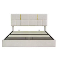 Lit plateforme capitonné en similicuir (PU) Queen Size avec système de rangement hydraulique, sommier en bois avec rangement relevable et tête de lit