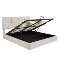 Lit plateforme capitonné en similicuir (PU) Queen Size avec système de rangement hydraulique, sommier en bois avec rangement relevable et tête de lit