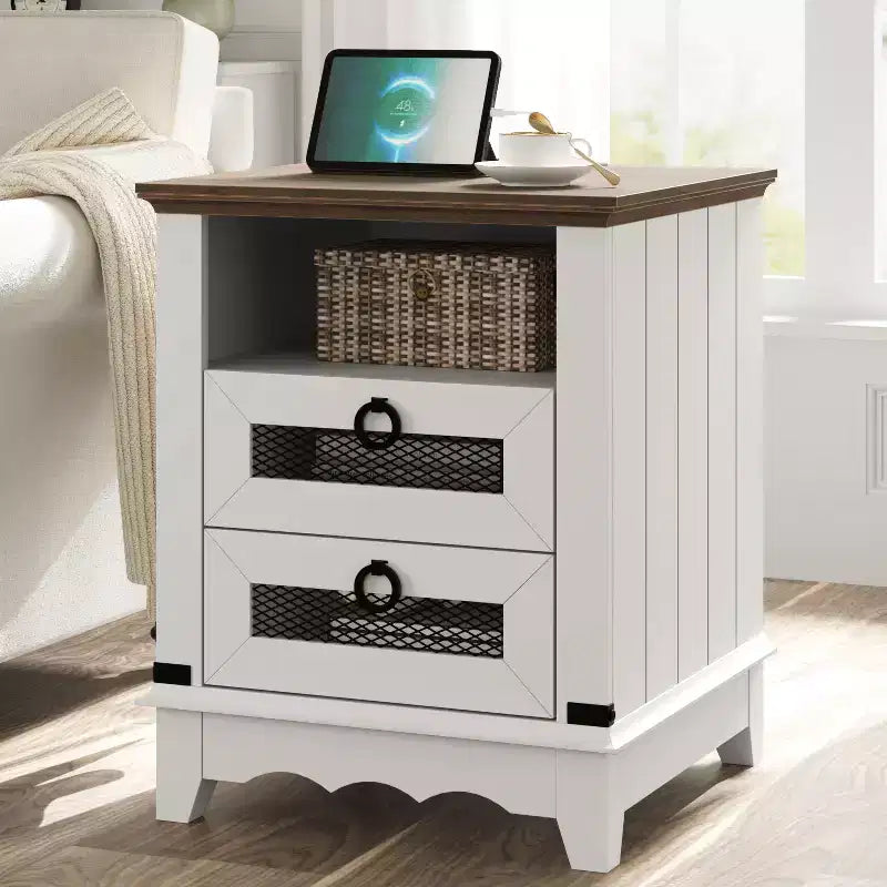Table d'appoint de ferme avec station de recharge – Table basse rustique en bois – 2 tiroirs et étagère ouverte – Accent de chevet pour chambre, salon, bureau à domicile