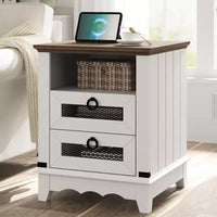 Table d'appoint de ferme avec station de recharge – Table basse rustique en bois – 2 tiroirs et étagère ouverte – Accent de chevet pour chambre, salon, bureau à domicile