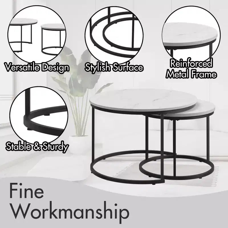 Ensemble de 2 tables gigognes rondes 27 po, plateaux aspect bois industriel avec cadre métallique robuste, tables d'appoint peu encombrantes, blanc