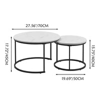 Ensemble de 2 tables gigognes rondes 27 po, plateaux aspect bois industriel avec cadre métallique robuste, tables d'appoint peu encombrantes, blanc