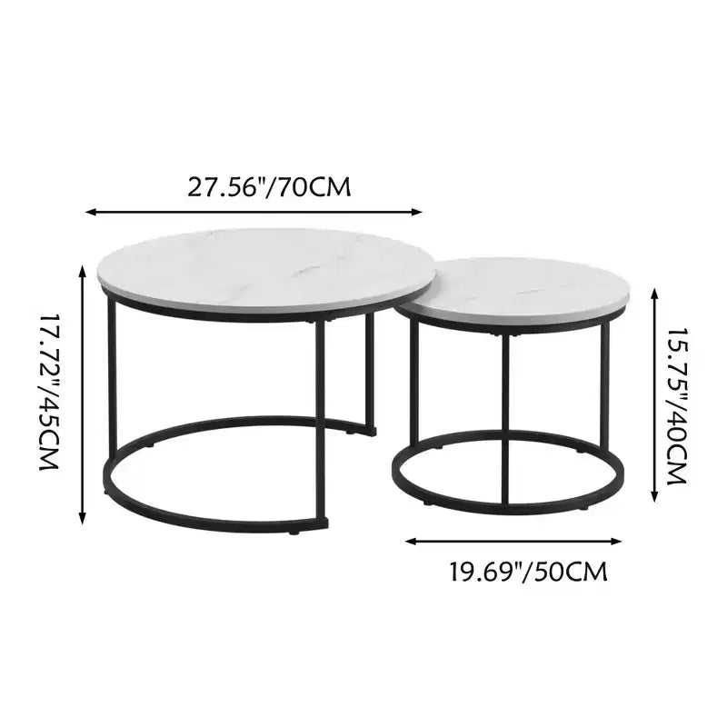 Ensemble de 2 tables gigognes rondes 27 po, plateaux aspect bois industriel avec cadre métallique robuste, tables d'appoint peu encombrantes, blanc
