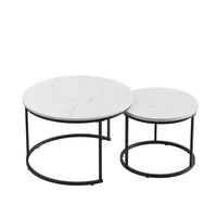 Ensemble de 2 tables gigognes rondes 27 po, plateaux aspect bois industriel avec cadre métallique robuste, tables d'appoint peu encombrantes, blanc