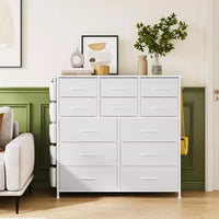 Commode de chambre à 12 tiroirs, commode de couloir, d'entrée, unité de rangement avec tissu, cadre métallique robuste
