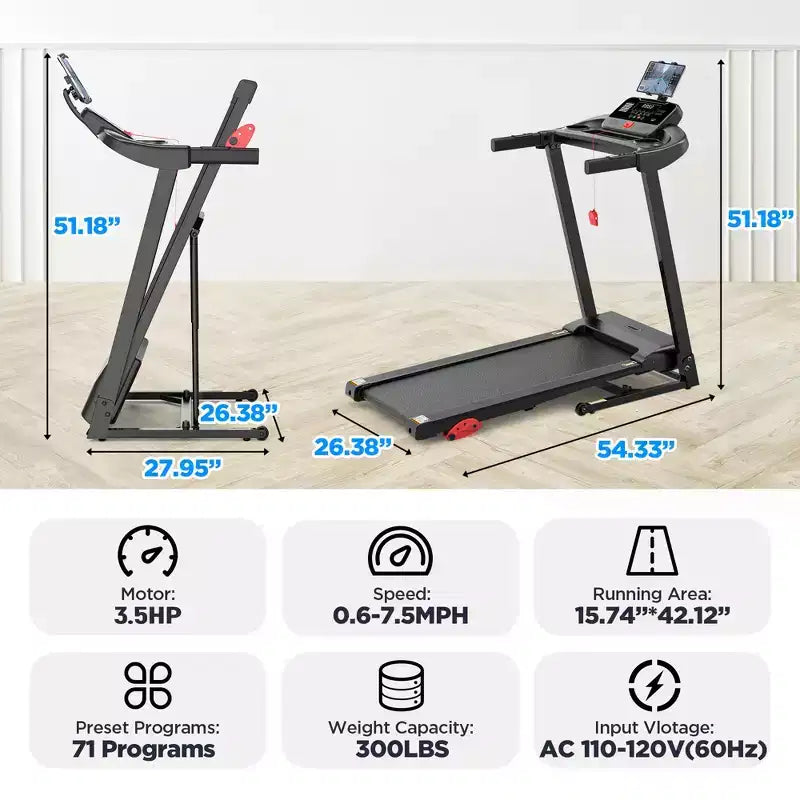 Tapis roulant en solde, 3,5 CV, pliable pour la maison, inclinaison manuelle de 12 %, 12 km/h, 71 programmes, contrôle via application, moniteur de fréquence cardiaque, sangle de genou offerte