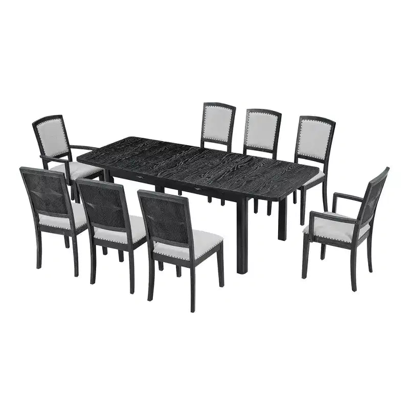 Ensemble table à manger extensible 9 pièces pour 6, table rectangulaire de cuisine avec rallonge amovible et 6 chaises sans accoudoirs et 2 fauteuils