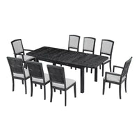 Ensemble table à manger extensible 9 pièces pour 6, table rectangulaire de cuisine avec rallonge amovible et 6 chaises sans accoudoirs et 2 fauteuils