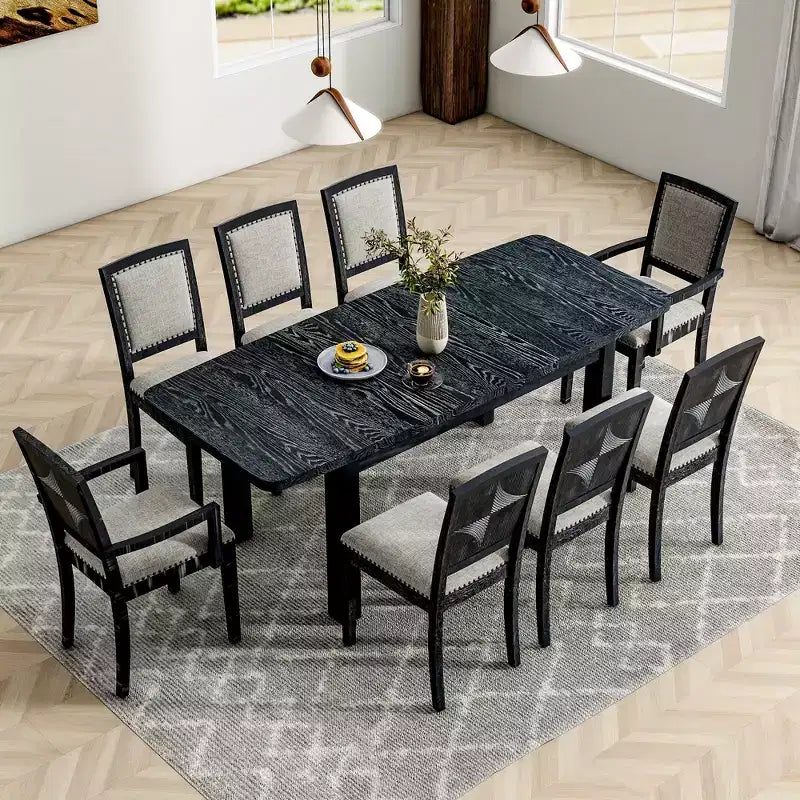 Ensemble table à manger extensible 9 pièces pour 6, table rectangulaire de cuisine avec rallonge amovible et 6 chaises sans accoudoirs et 2 fauteuils