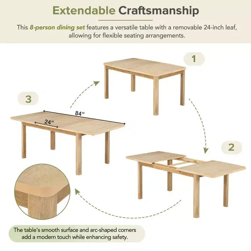 Ensemble table à manger extensible 9 pièces pour 6, table rectangulaire de cuisine avec rallonge amovible et 6 chaises sans accoudoirs et 2 fauteuils