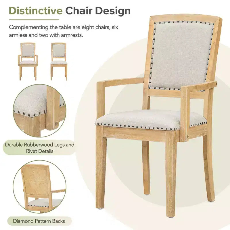 Ensemble table à manger extensible 9 pièces pour 6, table rectangulaire de cuisine avec rallonge amovible et 6 chaises sans accoudoirs et 2 fauteuils