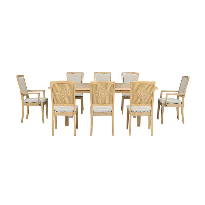 Ensemble table à manger extensible 9 pièces pour 6, table rectangulaire de cuisine avec rallonge amovible et 6 chaises sans accoudoirs et 2 fauteuils