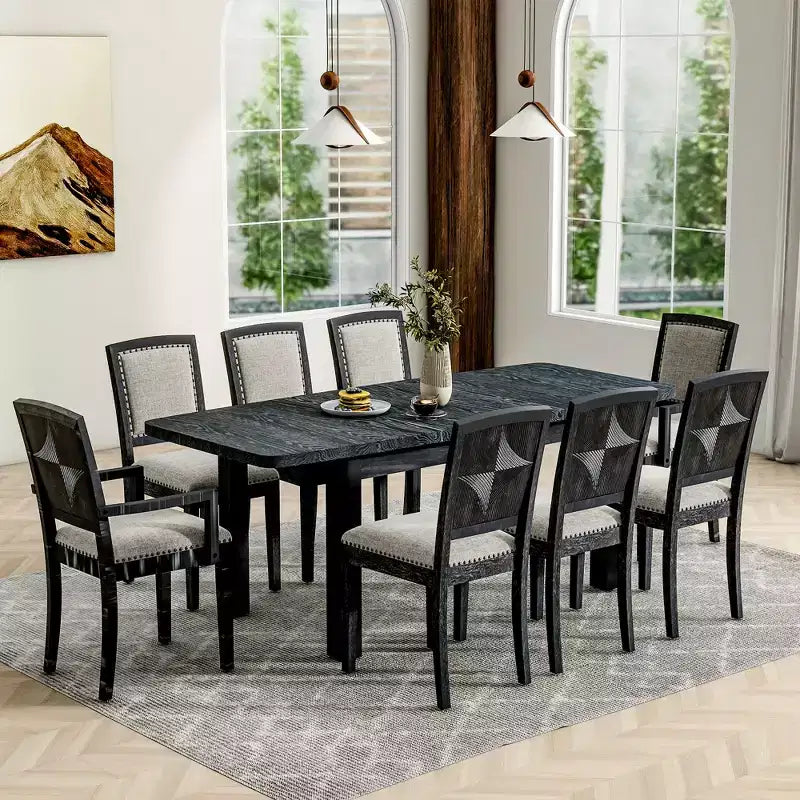 Ensemble table à manger extensible 9 pièces pour 6, table rectangulaire de cuisine avec rallonge amovible et 6 chaises sans accoudoirs et 2 fauteuils