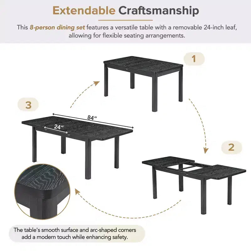 Ensemble table à manger extensible 9 pièces pour 6, table rectangulaire de cuisine avec rallonge amovible et 6 chaises sans accoudoirs et 2 fauteuils