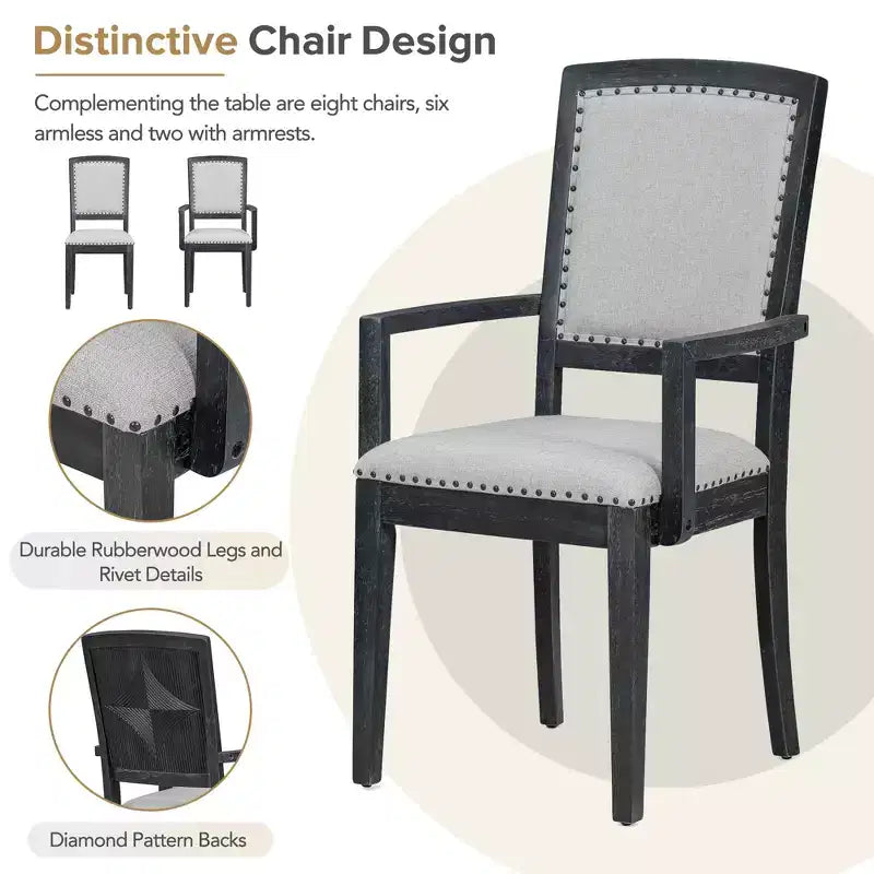 Ensemble table à manger extensible 9 pièces pour 6, table rectangulaire de cuisine avec rallonge amovible et 6 chaises sans accoudoirs et 2 fauteuils
