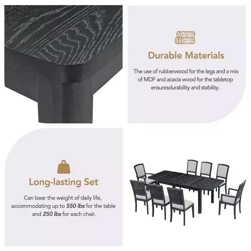 Ensemble table à manger extensible 9 pièces pour 6, table rectangulaire de cuisine avec rallonge amovible et 6 chaises sans accoudoirs et 2 fauteuils