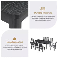 Ensemble table à manger extensible 9 pièces pour 6, table rectangulaire de cuisine avec rallonge amovible et 6 chaises sans accoudoirs et 2 fauteuils