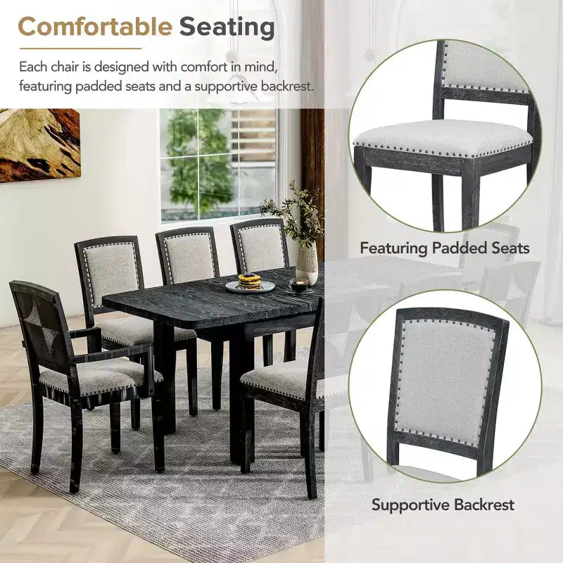 Ensemble table à manger extensible 9 pièces pour 6, table rectangulaire de cuisine avec rallonge amovible et 6 chaises sans accoudoirs et 2 fauteuils