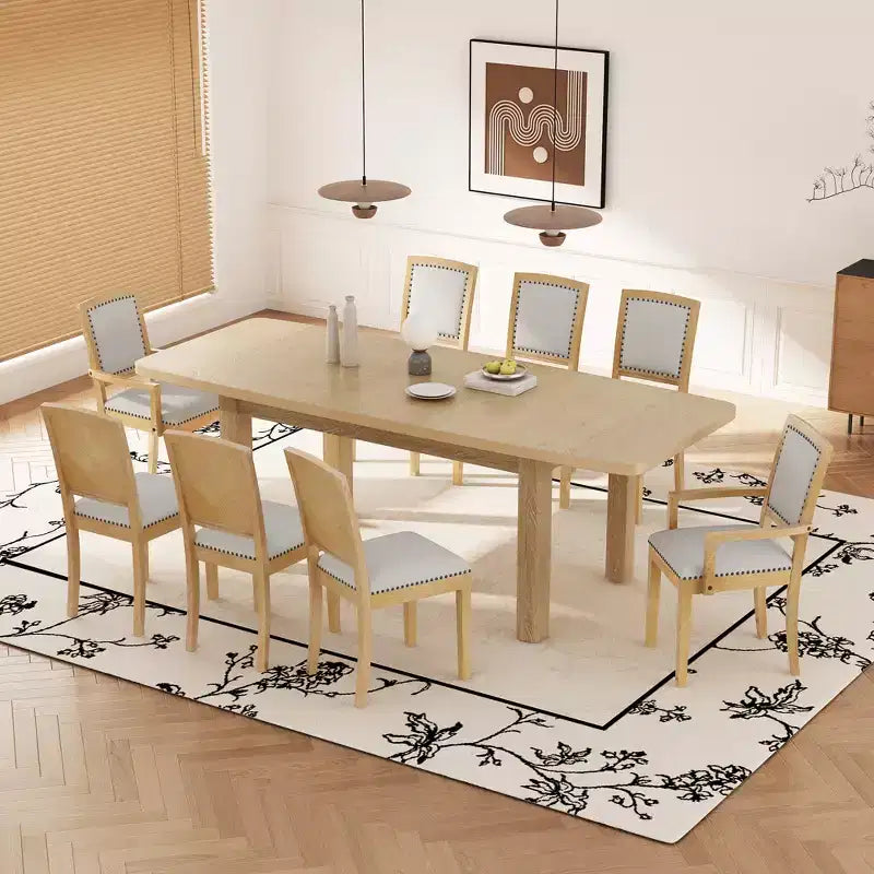 Ensemble table à manger extensible 9 pièces pour 6, table rectangulaire de cuisine avec rallonge amovible et 6 chaises sans accoudoirs et 2 fauteuils