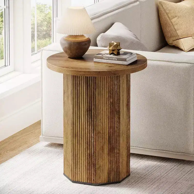 Table d'appoint ronde Lantine, table d'appoint à piédestal style ferme, table de chevet cannelée en bois support à boisson pour salon, chambre (1)