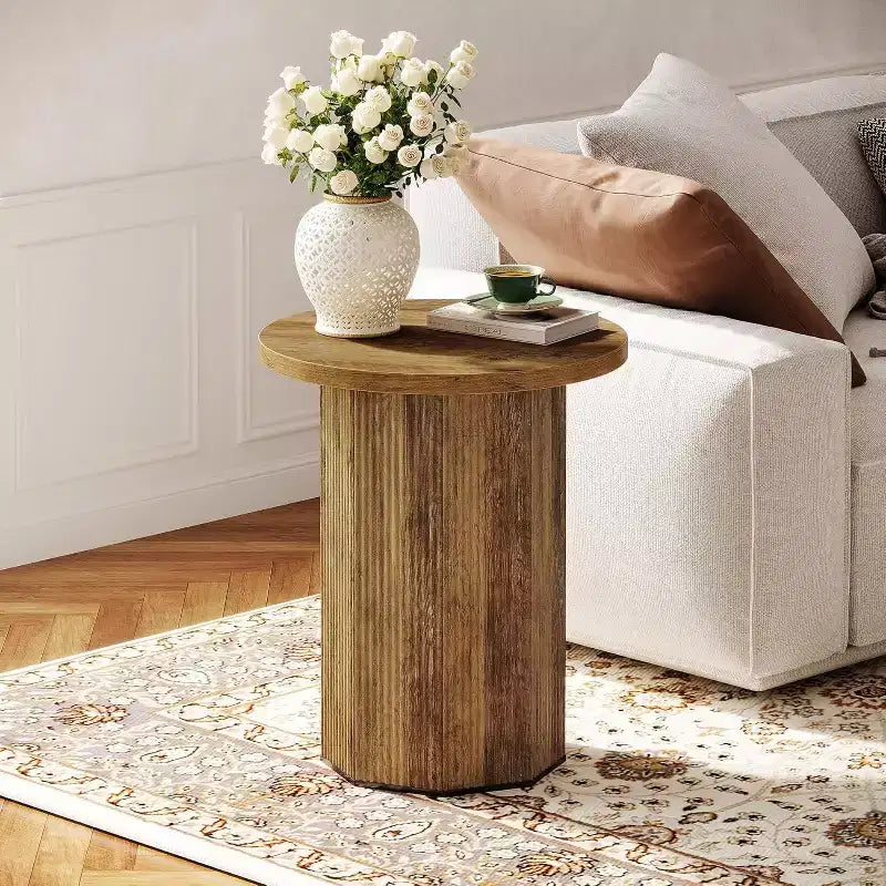 Table d'appoint ronde Lantine, table d'appoint à piédestal style ferme, table de chevet cannelée en bois support à boisson pour salon, chambre (1)