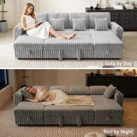 Canapé de jour en forme de U MooxvMoo 124 avec rangement, grand canapé convertible avec lit gigogne, dossier réglable, ports USB et porte-gobelets, gris