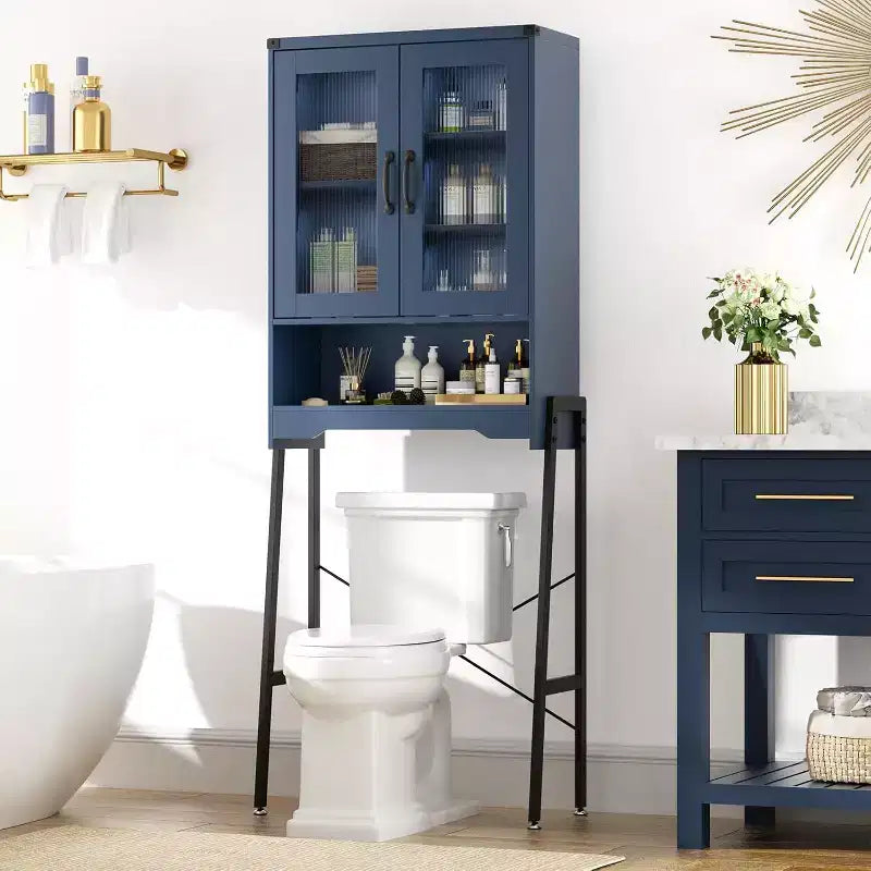 Armoire de rangement au-dessus des toilettes avec portes en verre trempé et étagère réglable (Bleu)