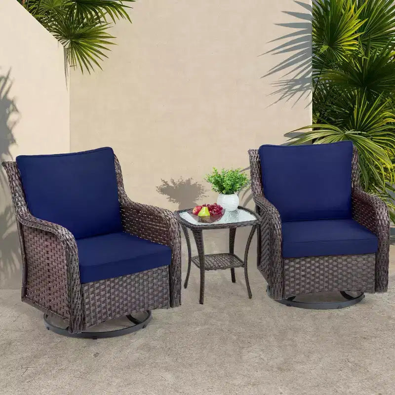 Chaises de terrasse à glissière pivotante en résine tressée d'extérieur avec table, ensemble bistro d'extérieur 3 pièces avec coussins épais et table basse pour porche, balcon, deck