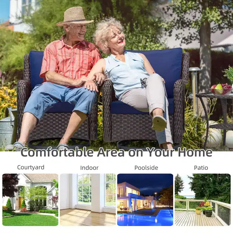 Chaises de terrasse à glissière pivotante en résine tressée d'extérieur avec table, ensemble bistro d'extérieur 3 pièces avec coussins épais et table basse pour porche, balcon, deck