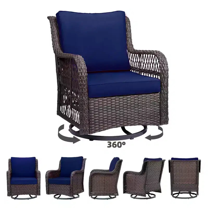 Chaises de terrasse à glissière pivotante en résine tressée d'extérieur avec table, ensemble bistro d'extérieur 3 pièces avec coussins épais et table basse pour porche, balcon, deck