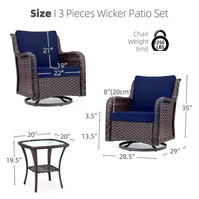 Chaises de terrasse à glissière pivotante en résine tressée d'extérieur avec table, ensemble bistro d'extérieur 3 pièces avec coussins épais et table basse pour porche, balcon, deck