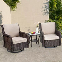 Chaises de terrasse à glissière pivotante en résine tressée d'extérieur avec table, ensemble bistro d'extérieur 3 pièces avec coussins épais et table basse pour porche, balcon, deck