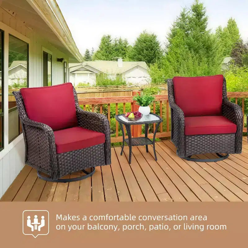 Chaises de terrasse à glissière pivotante en résine tressée d'extérieur avec table, ensemble bistro d'extérieur 3 pièces avec coussins épais et table basse pour porche, balcon, deck