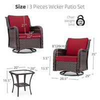 Chaises de terrasse à glissière pivotante en résine tressée d'extérieur avec table, ensemble bistro d'extérieur 3 pièces avec coussins épais et table basse pour porche, balcon, deck