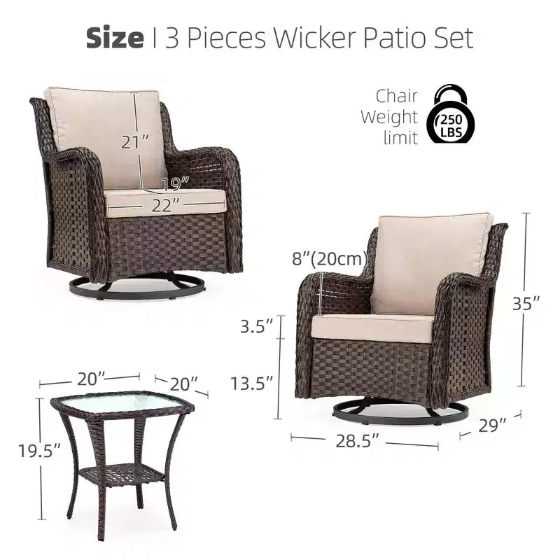 Chaises de terrasse à glissière pivotante en résine tressée d'extérieur avec table, ensemble bistro d'extérieur 3 pièces avec coussins épais et table basse pour porche, balcon, deck