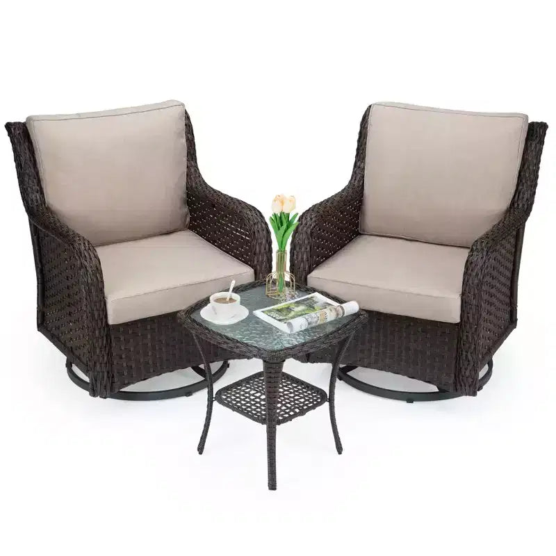 Outdoor Swivel Wicker Glider Patio Chairs w/Table Set, 3 Pieces Outdoor Bistro Set w/Thick Cushions and Coffee Table for Porch, Balcony, Deck