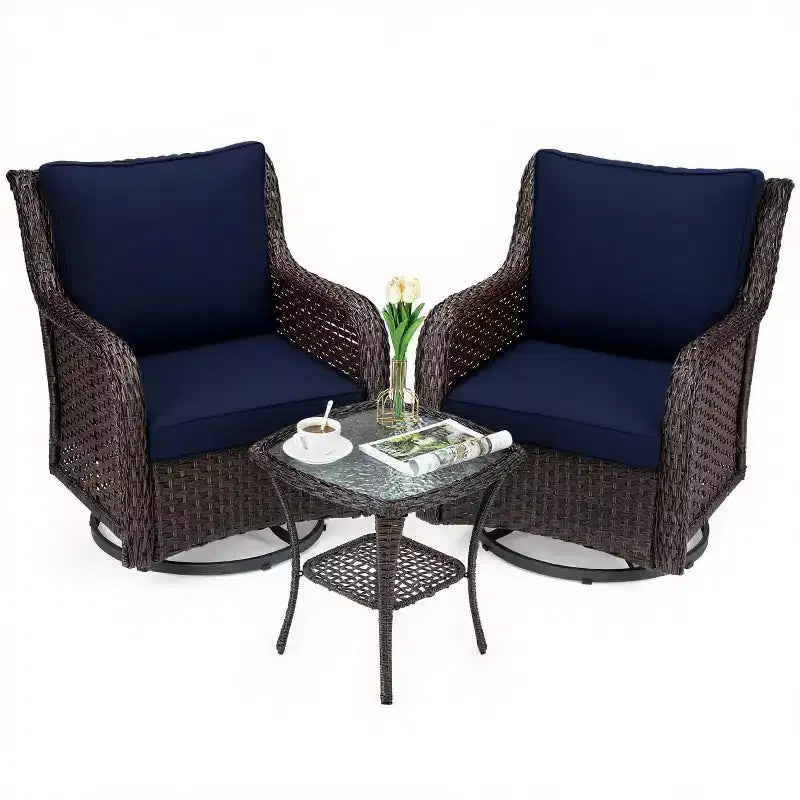 Chaises de terrasse à glissière pivotante en résine tressée d'extérieur avec table, ensemble bistro d'extérieur 3 pièces avec coussins épais et table basse pour porche, balcon, deck