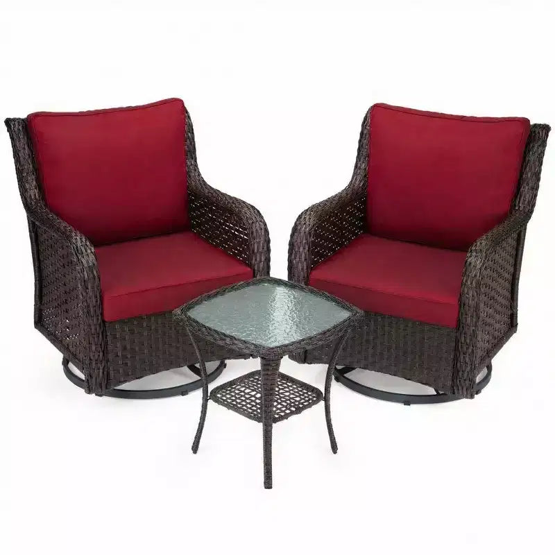 Chaises de terrasse à glissière pivotante en résine tressée d'extérieur avec table, ensemble bistro d'extérieur 3 pièces avec coussins épais et table basse pour porche, balcon, deck