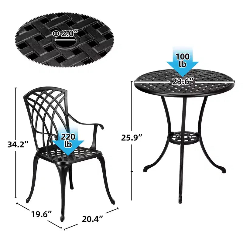 Ensemble de bistrot 3 pièces COZONY pour terrasse, table et chaises en fonte d'aluminium avec trou pour parasol, résistant à la rouille pour jardin, balcon, cour arrière