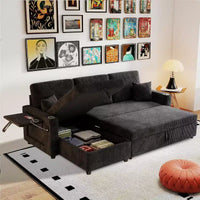 Canapé-lit convertible MooxvMoo 83 avec rangement et port USB, canapé en L 4 en 1 avec lit escamotable, table d'appoint, porte-gobelet, noir