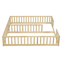 Lit double superposé avec barrière de sécurité, lit plateforme en bois avec clôture pour 2 enfants
