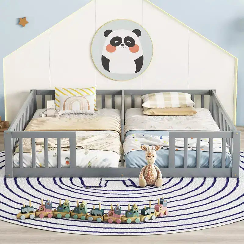 Lit double superposé avec barrière de sécurité, lit plateforme en bois avec clôture pour 2 enfants