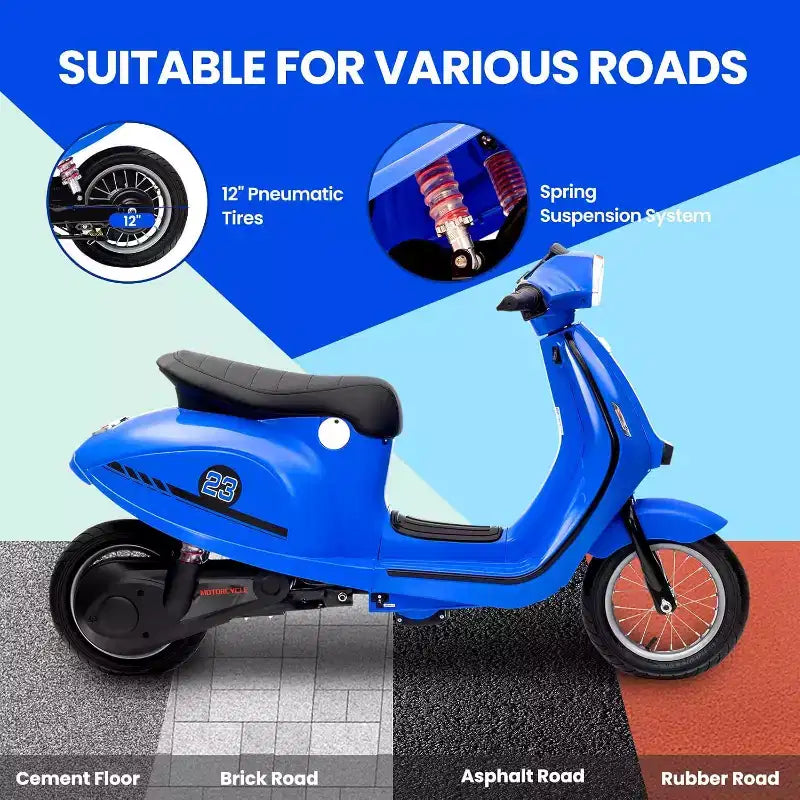 Acekool Trottinette électrique moto 24 V pour enfants, moto à 2 roues avec siège, 350 W, jusqu'à 22,5 km/h, pour les 8-14 ans