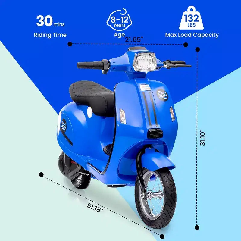 Acekool Trottinette électrique moto 24 V pour enfants, moto à 2 roues avec siège, 350 W, jusqu'à 22,5 km/h, pour les 8-14 ans