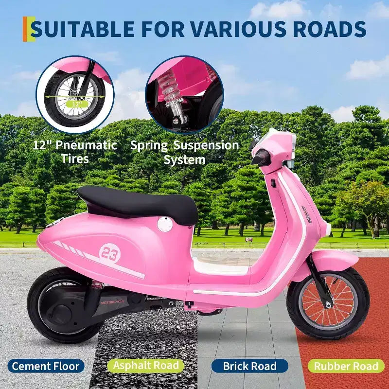 Acekool Trottinette électrique moto 24 V pour enfants, moto à 2 roues avec siège, 350 W, jusqu'à 22,5 km/h, pour les 8-14 ans