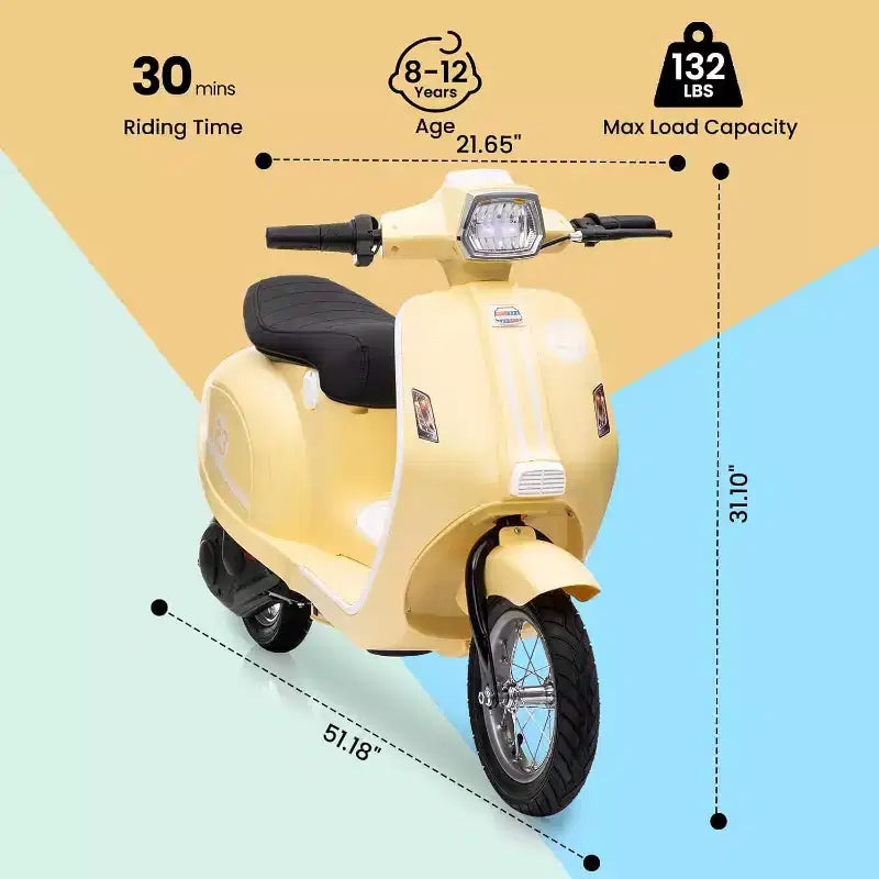 Acekool Trottinette électrique moto 24 V pour enfants, moto à 2 roues avec siège, 350 W, jusqu'à 22,5 km/h, pour les 8-14 ans