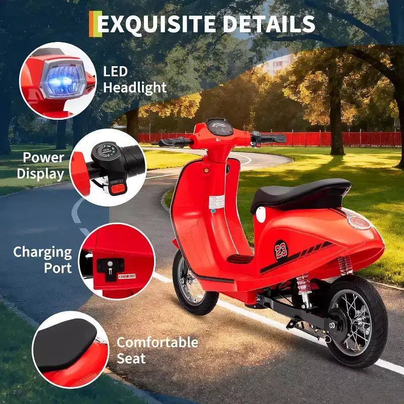 Acekool Trottinette électrique moto 24 V pour enfants, moto à 2 roues avec siège, 350 W, jusqu'à 22,5 km/h, pour les 8-14 ans