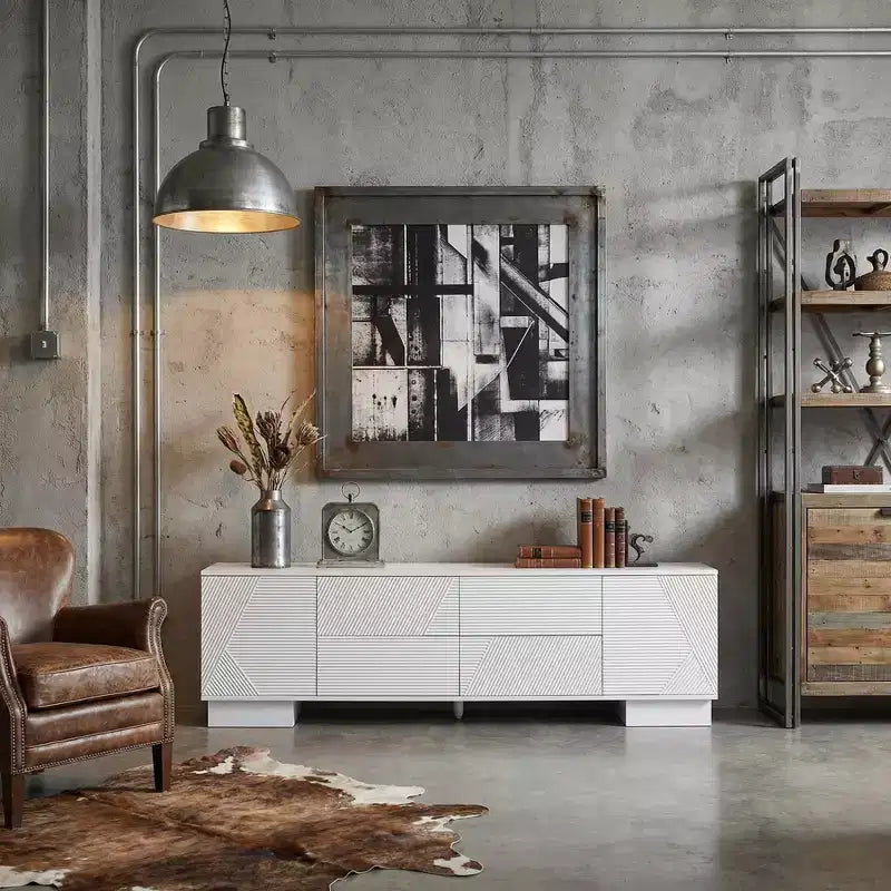Meuble TV moderne JVNOXK de 180 cm, convient aux téléviseurs de 75 pouces et moins, avec armoire de rangement à 4 tiroirs et pied central en métal, blanc