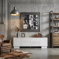 Meuble TV moderne JVNOXK de 180 cm, convient aux téléviseurs de 75 pouces et moins, avec armoire de rangement à 4 tiroirs et pied central en métal, blanc